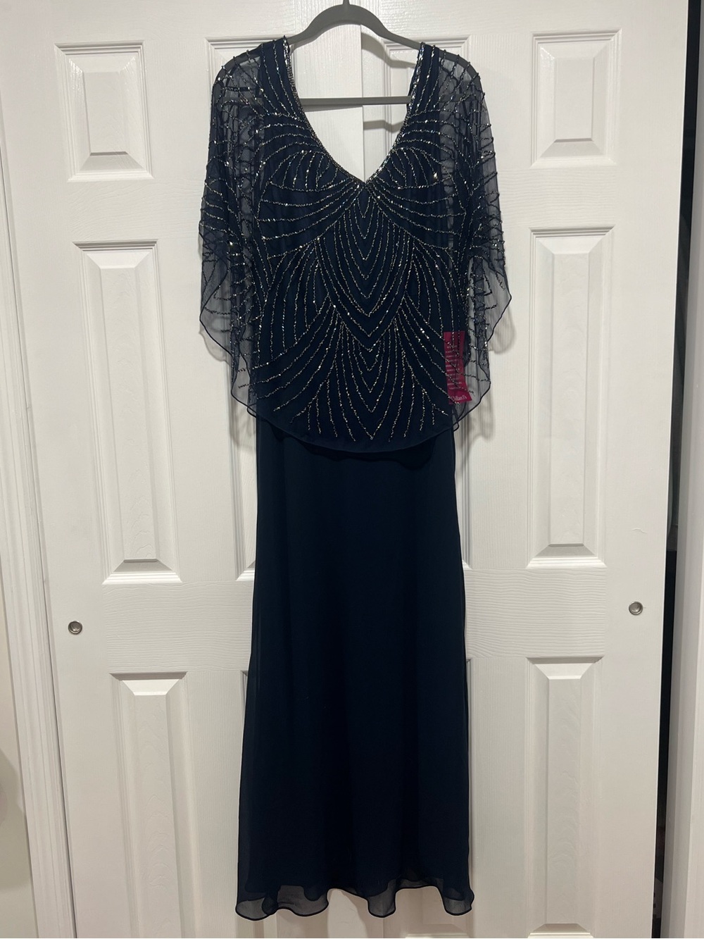 J Kara Navy Beaded Cape-Sleeve Maxi Dress